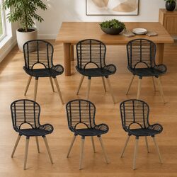 Set of 6 Black Rattan Dining Chairs with Wooden Legs