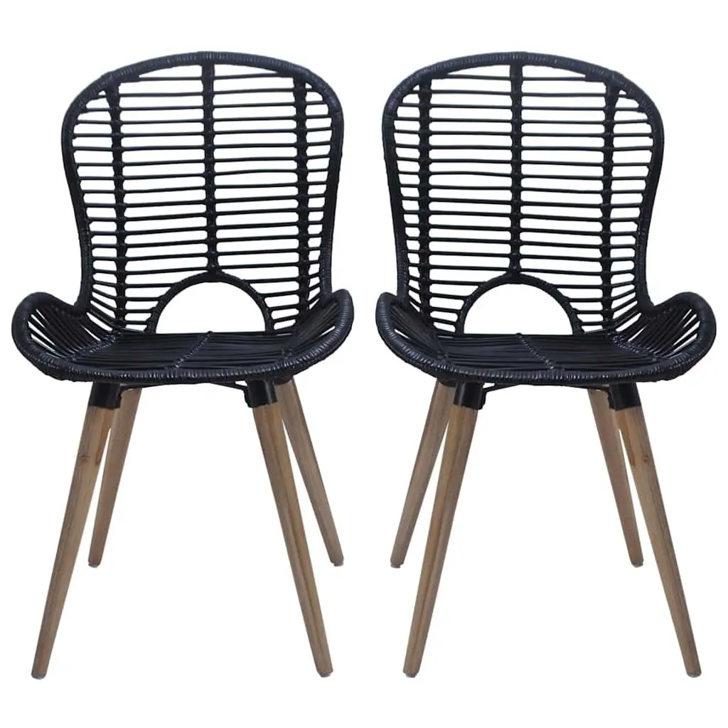 Dining Chairs Natural Rattan Black Vintage Style Set of 6 Wooden Legs
