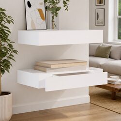 Set of 2 White Floating Wall Shelves with Drawer