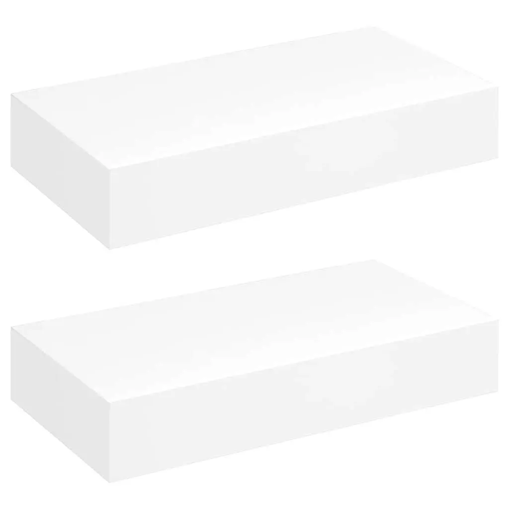 Set of 2 White Floating Wall Shelves with Drawer