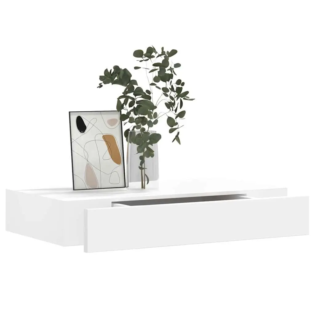 Set of 2 White Floating Wall Shelves with Drawer
