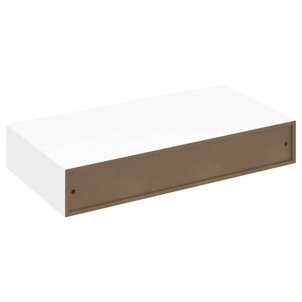 Set of 2 White Floating Wall Shelves with Drawer