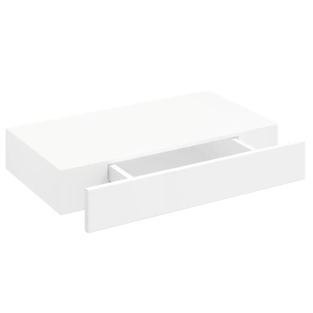 Set of 2 White Floating Wall Shelves with Drawer