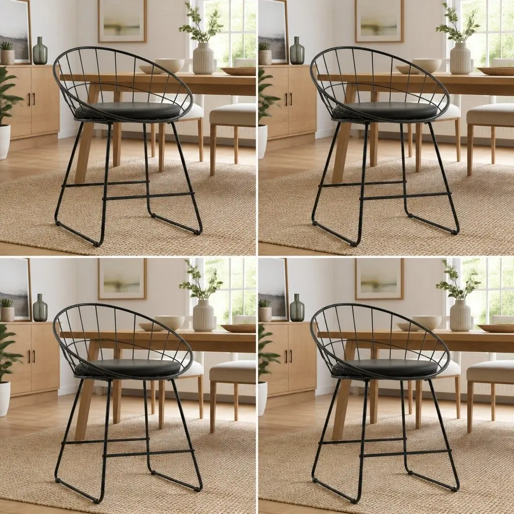 Dining Chairs Set 4 Pieces Black Steel Frame Faux Leather Cushion Kitchen