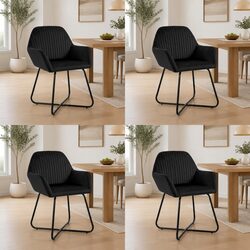 Set of 4 Black Velvet Dining Chairs with Armrests