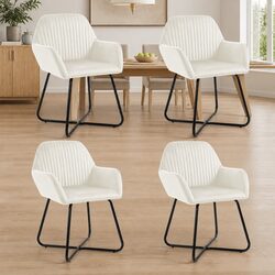 Set of 4 Cream Velvet Dining Chairs with Armrests
