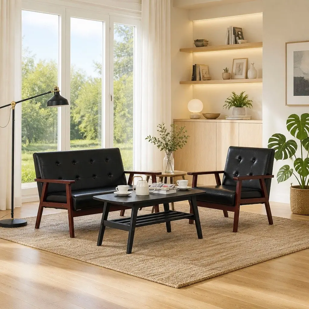 2 Piece Black Sofa Set Faux Leather 2-Seater Armchair Lounge Couch