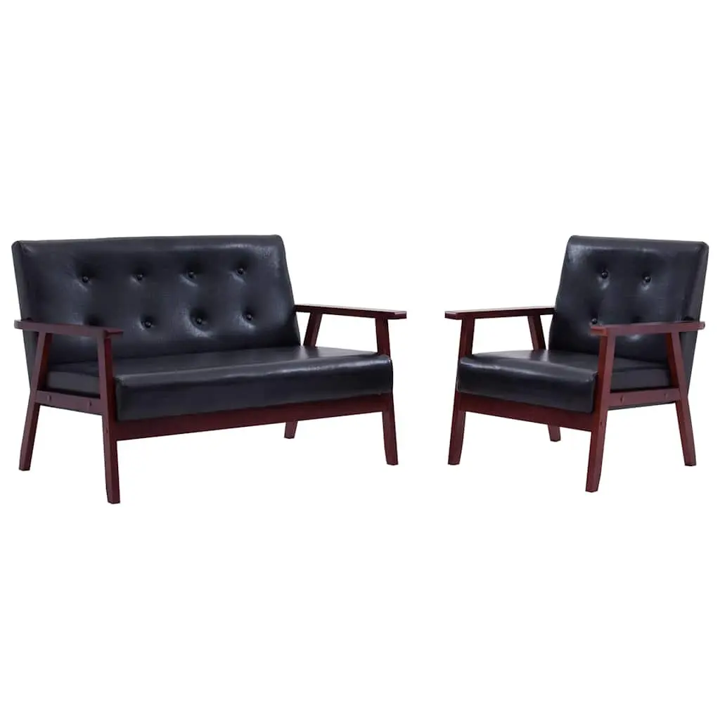 2 Piece Black Sofa Set Faux Leather 2-Seater Armchair Lounge Couch