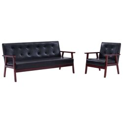2-Piece Sofa Set Black Faux Leather Armchair 3-Seater Lounge Furniture Living