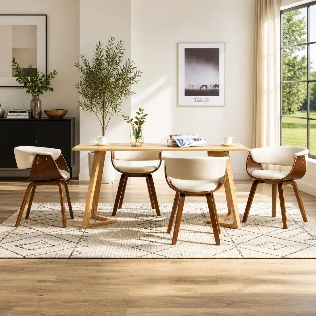 Dining Chairs Cream Bent Wood Faux Leather Set of 4
