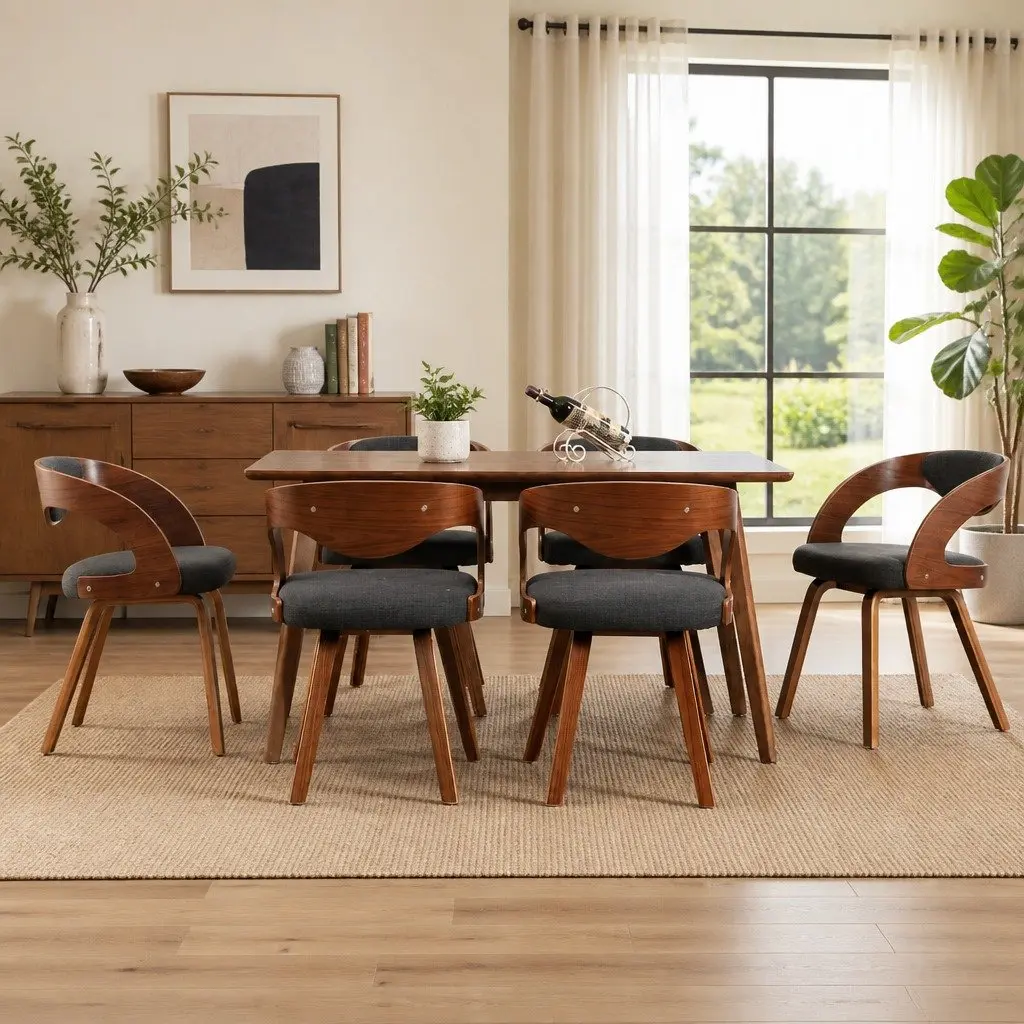 Dining Chairs Grey Fabric Upholstered 6 Piece Bent Wood Frame Kitchen Room Seating