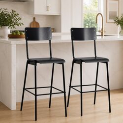 Set of 2 Black Bar Stools with Plywood Seats