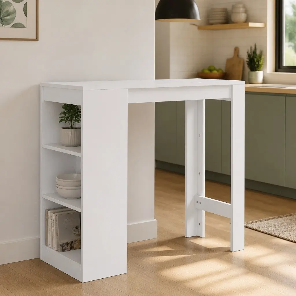 Bar Table with Storage Shelf White Kitchen Dining High Table Compact Design