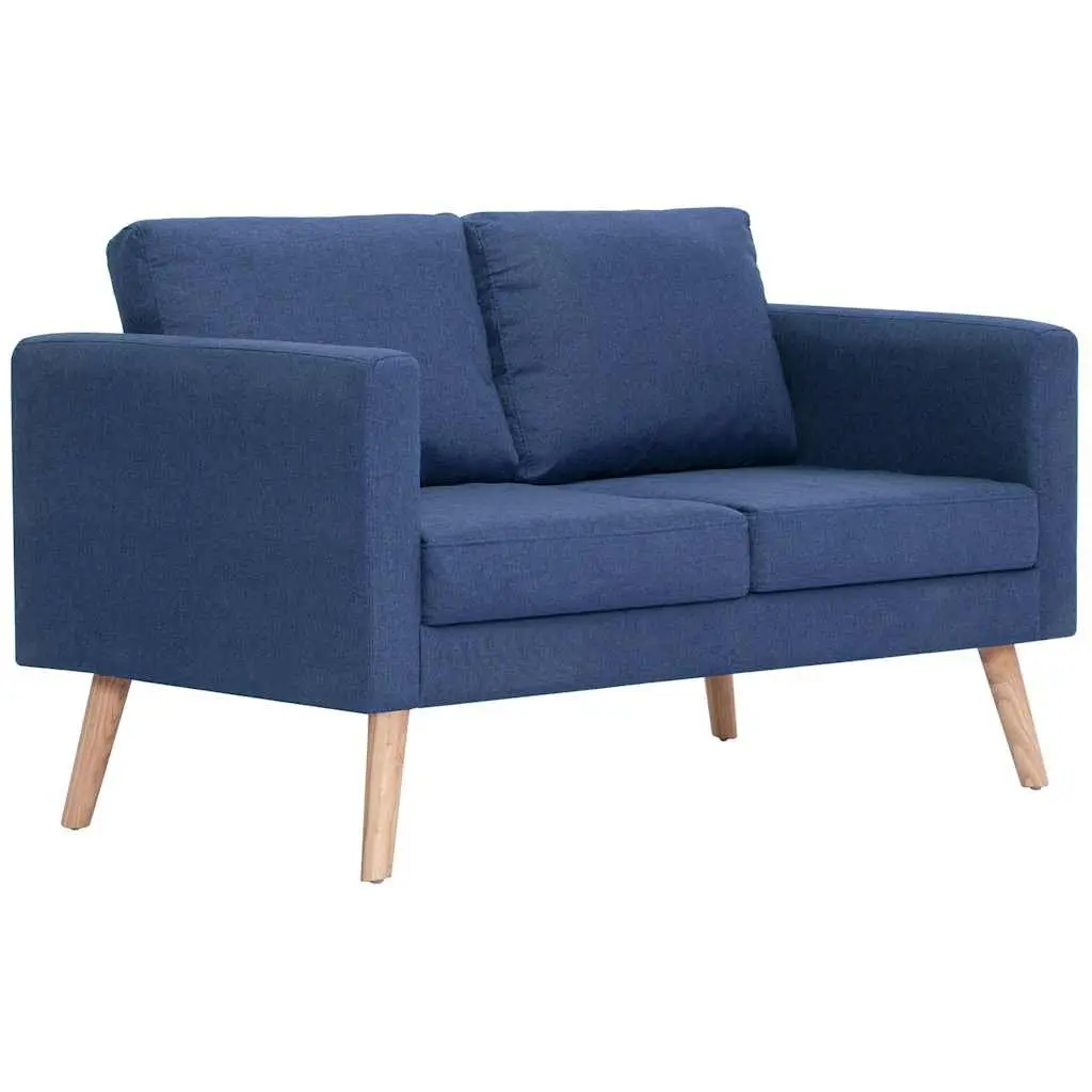 2-Seater Sofa Blue Fabric Couch Padded Cushions Removable Covers Wooden Frame