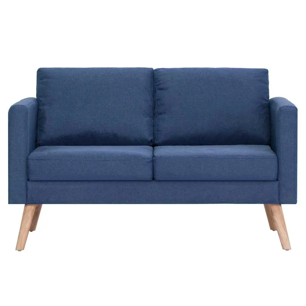 2-Seater Sofa Blue Fabric Couch Padded Cushions Removable Covers Wooden Frame