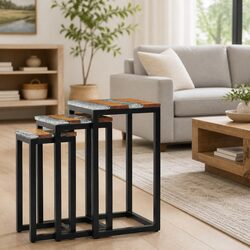Nesting Tables 3 Piece Set in Teak Wood and Glass