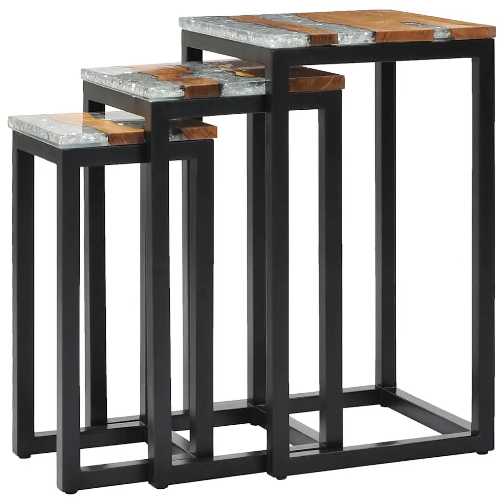 Nesting Tables 3 Piece Set in Teak Wood and Glass