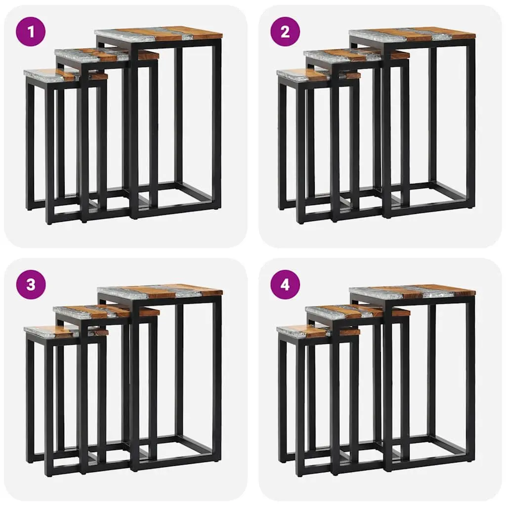 Nesting Tables 3 Piece Set in Teak Wood and Glass