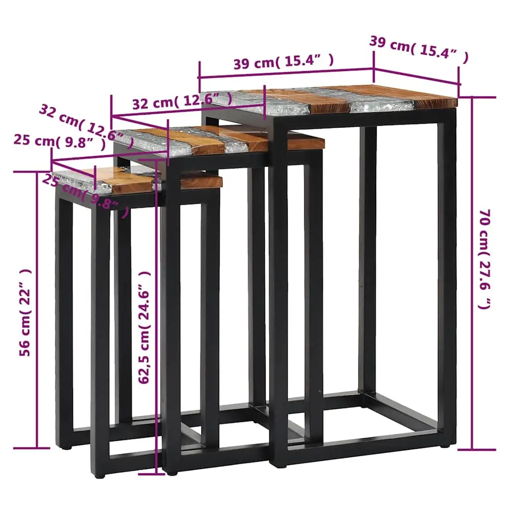 Nesting Tables 3 Piece Set in Teak Wood and Glass