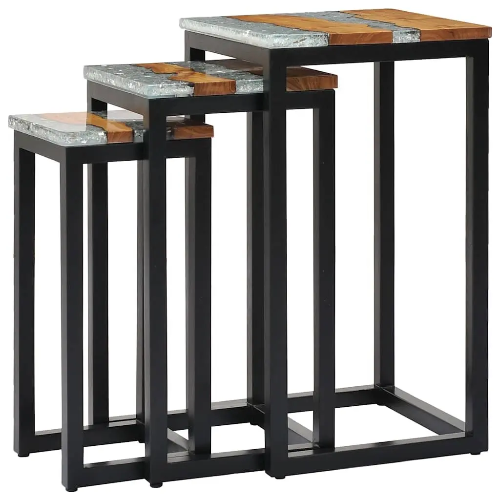 Nesting Tables 3 Piece Set in Teak Wood and Glass