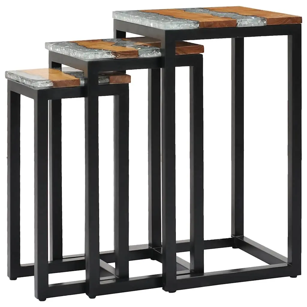 Nesting Tables 3 Piece Set in Teak Wood and Glass