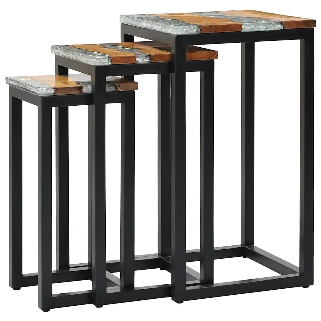 Nesting Tables 3 Piece Set in Teak Wood and Glass