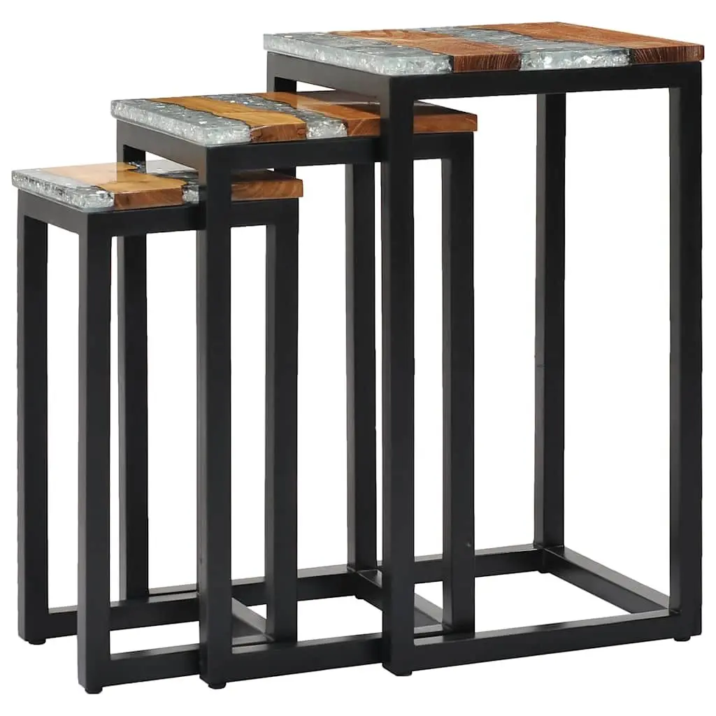 Nesting Tables 3 Piece Set in Teak Wood and Glass