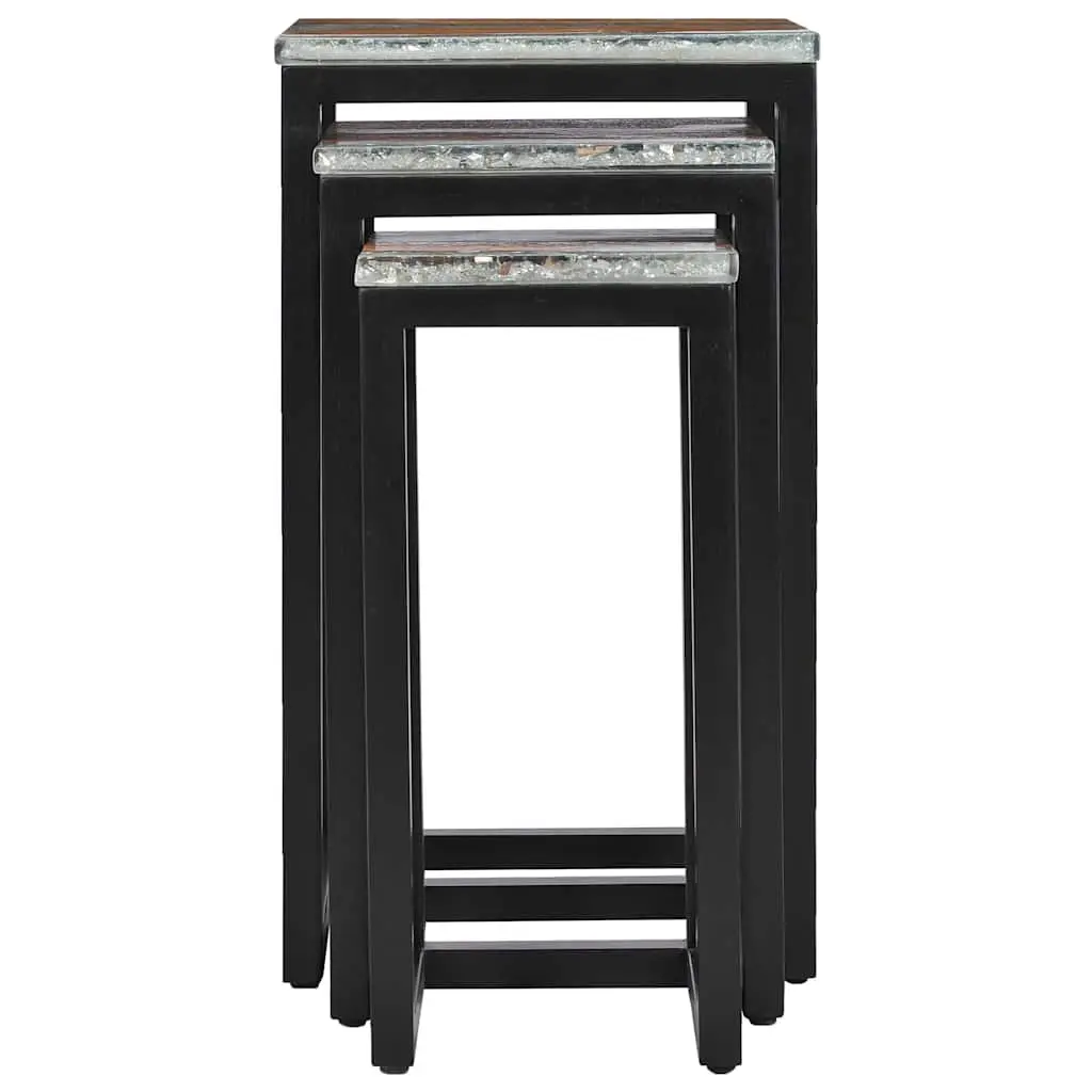 Nesting Tables 3 Piece Set in Teak Wood and Glass