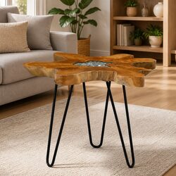 Warm Teak Wood Coffee Table with Polyresin Accent