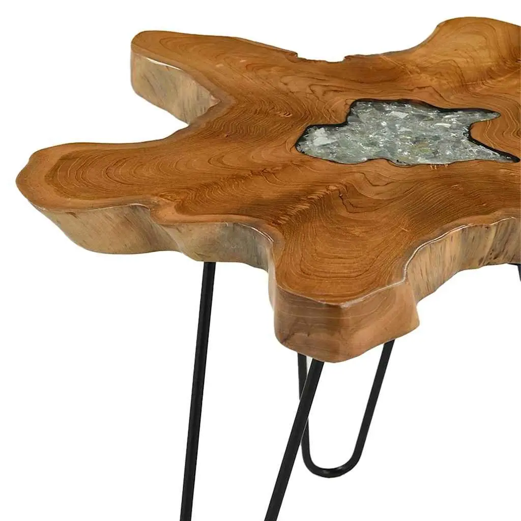 Coffee Table 70x45 cm Solid Teak Wood Polyresin Top Accent Living Room Furniture