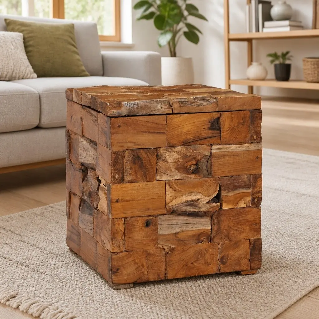 Storage Stool Solid Teak Wood Brown Compact Bedside Table Rustic Mosaic Design