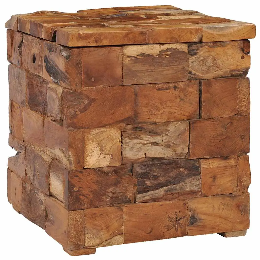 Storage Stool Solid Teak Wood Brown Compact Bedside Table Rustic Mosaic Design