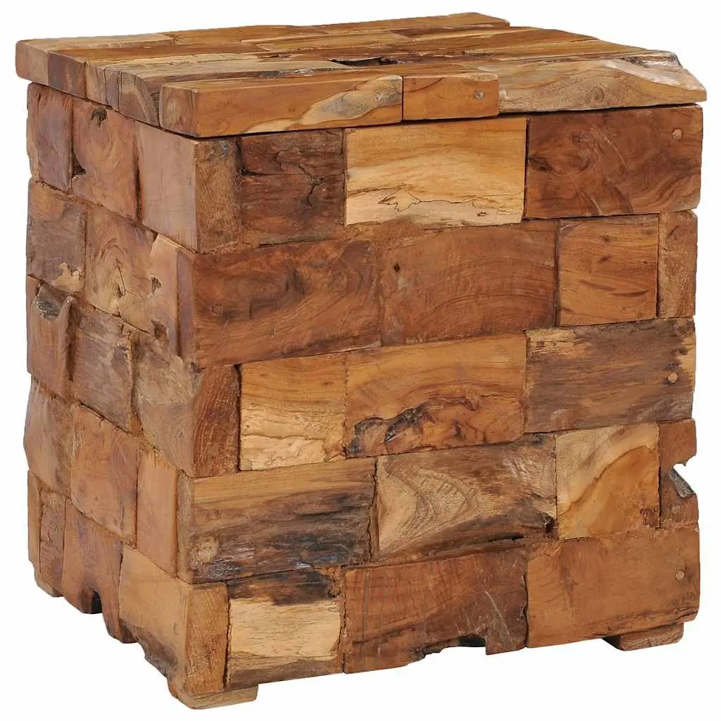 Storage Stool Solid Teak Wood Brown Compact Bedside Table Rustic Mosaic Design