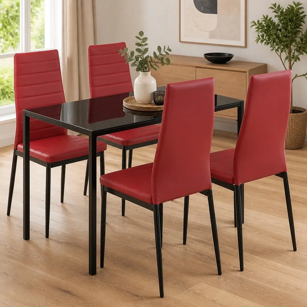 Wine Red Five Piece Dining Set with Glass Top