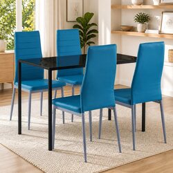 Modern 5-Piece Dining Set with Blue Glass Top