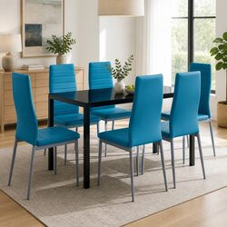 7 Piece Blue Dining Table Set with 6 Comfortable Chairs