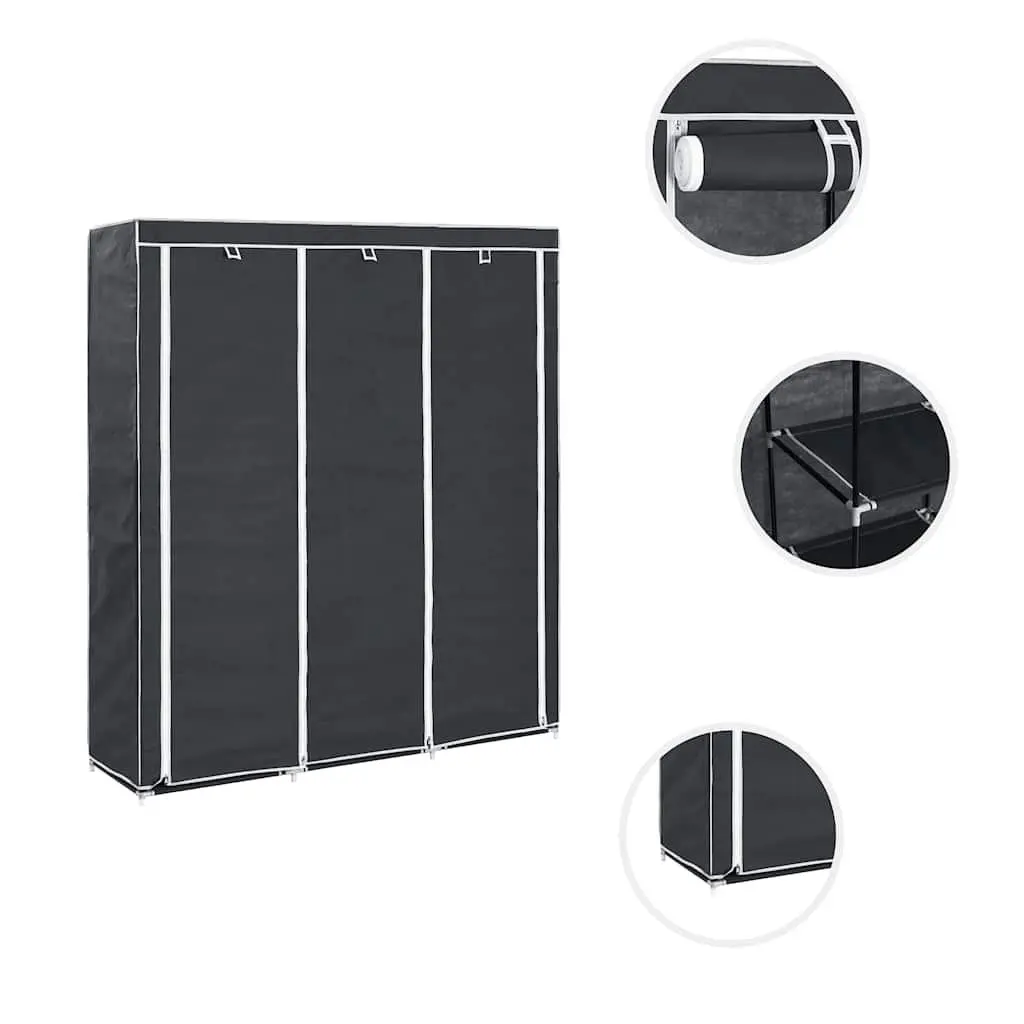 Portable Wardrobe Storage Cabinet with Compartments Rods Black Closet Organizer