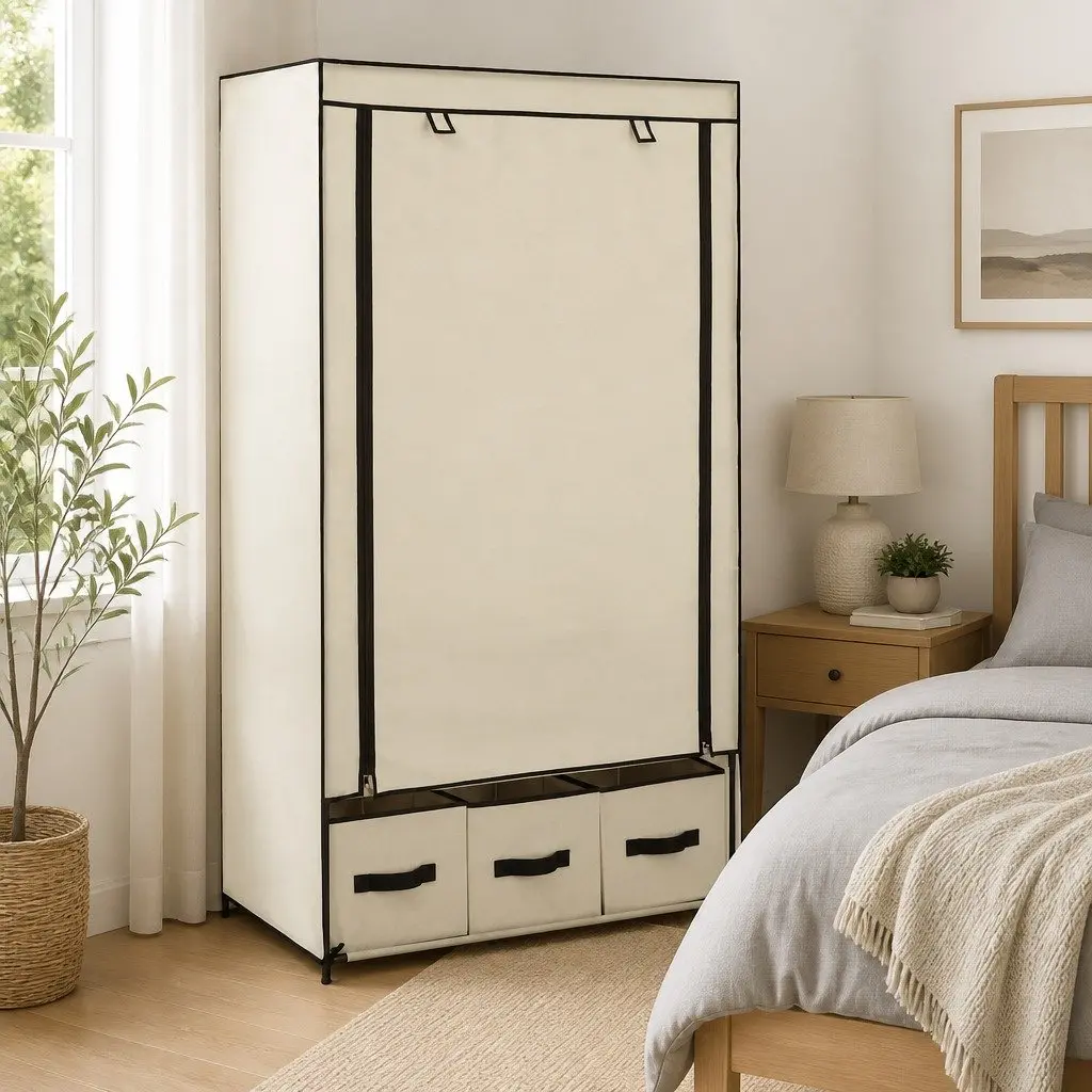 Fabric Wardrobe Cream Portable Closet Storage Cabinet Collapsible 87 x 49 x 159 cm Non-woven Fabric