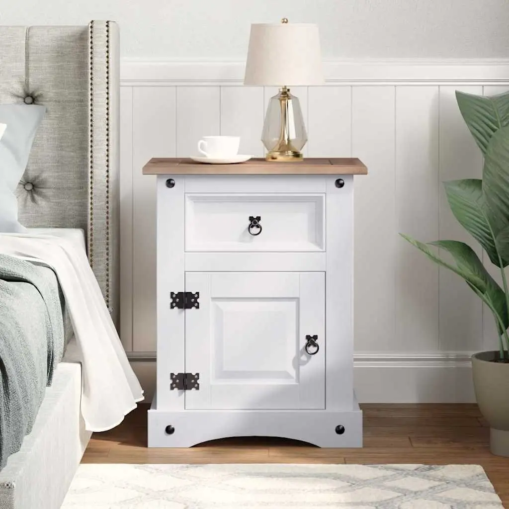 Bedside Cabinet Mexican Corona Style White Solid Pinewood Nightstand with Drawer