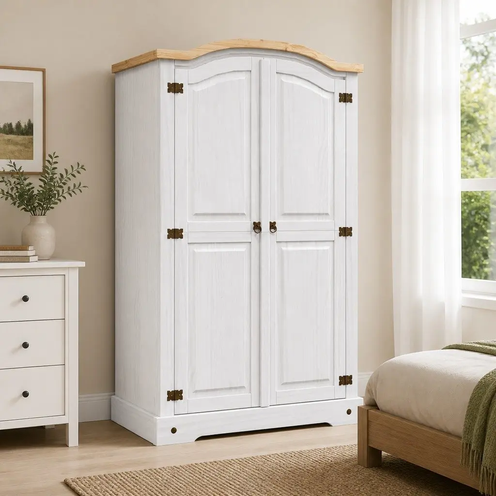 White Wooden Wardrobe 2 Doors with Rustic Charm