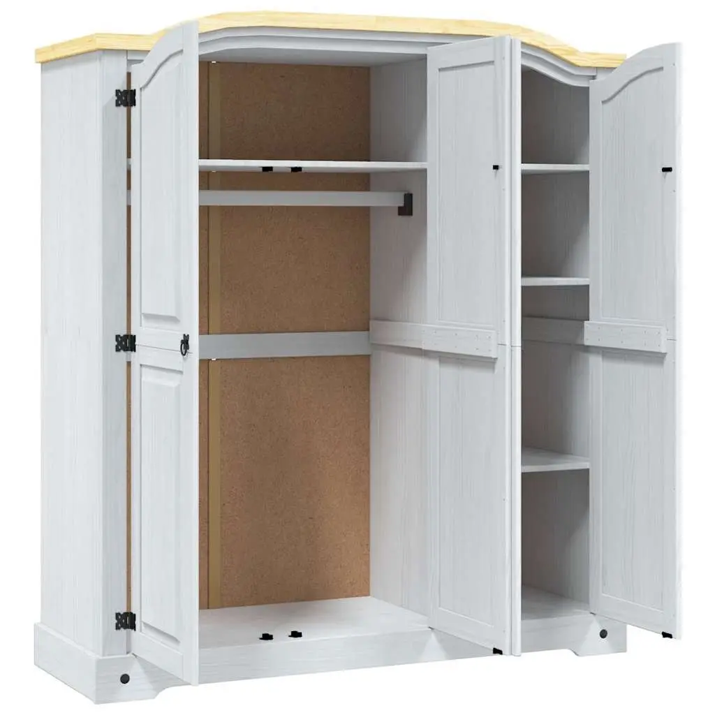 3-Door White Wooden Wardrobe Mexican Corona Style Solid Pinewood Cabinet