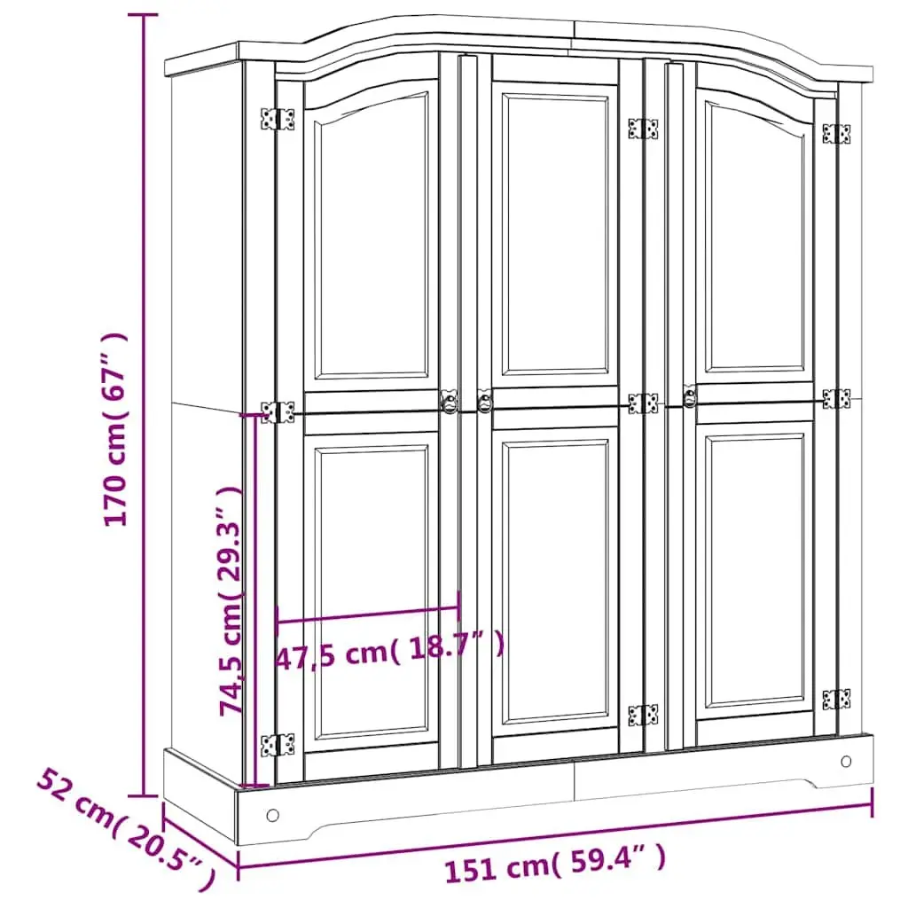 3-Door White Wooden Wardrobe Mexican Corona Style Solid Pinewood Cabinet