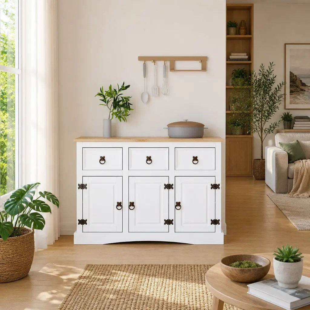 Sideboard White Rustic Solid Pinewood 3 Doors 3 Drawers