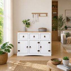 Rustic White Solid Pinewood Sideboard with Storage