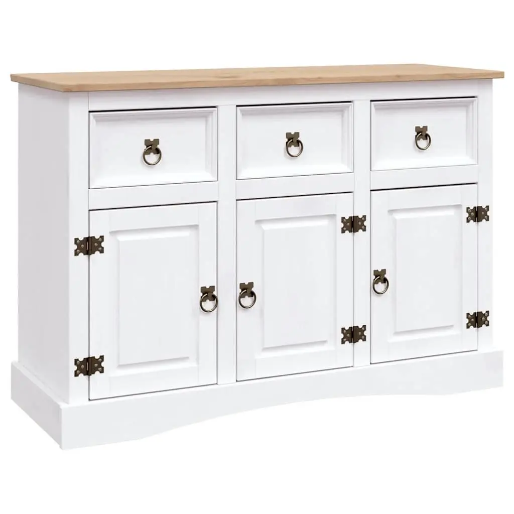 Sideboard White Rustic Solid Pinewood 3 Doors 3 Drawers
