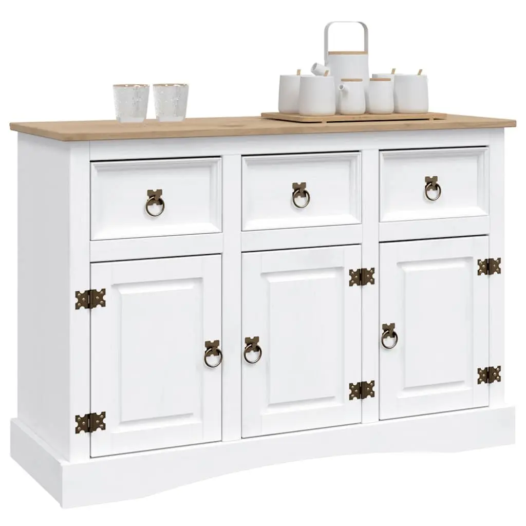 Sideboard White Rustic Solid Pinewood 3 Doors 3 Drawers