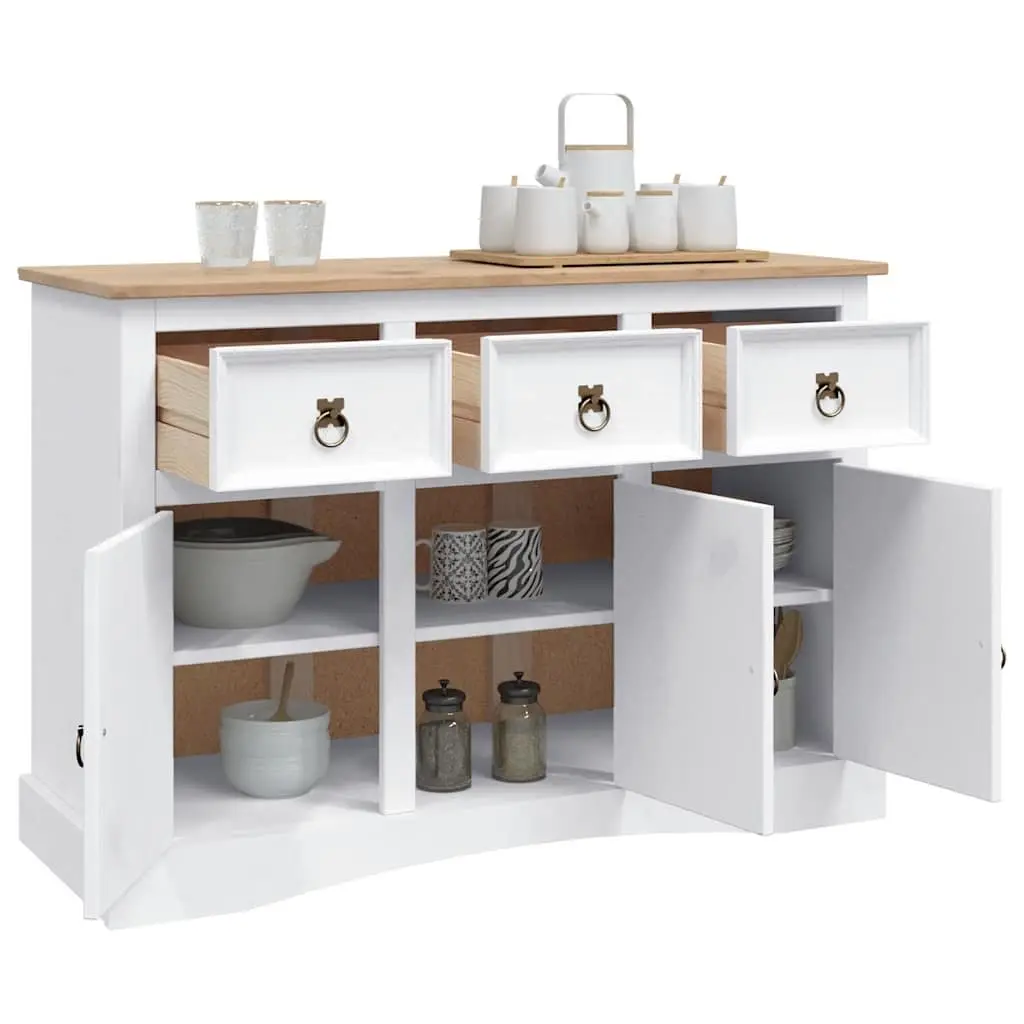 Sideboard White Rustic Solid Pinewood 3 Doors 3 Drawers