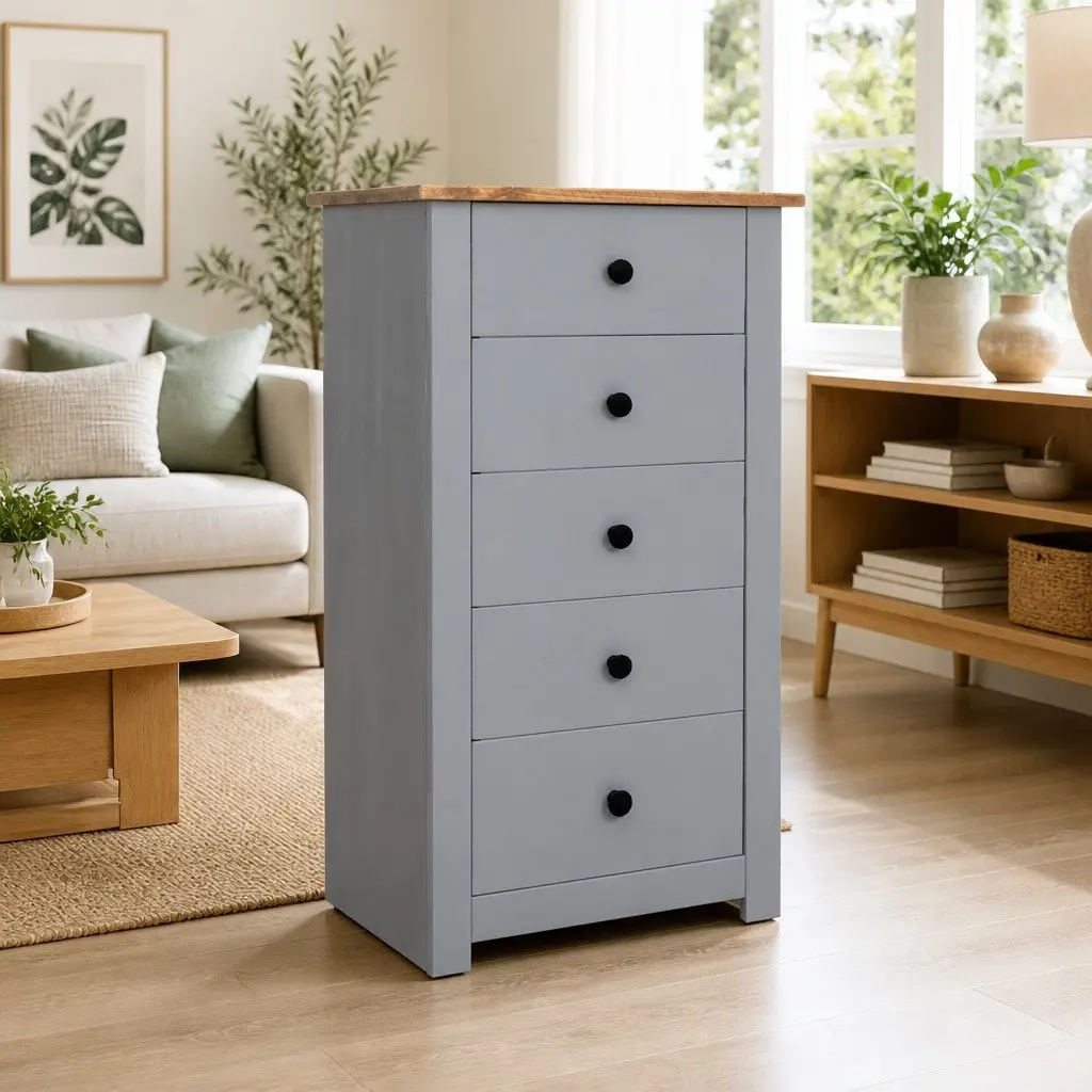 Grey Solid Pinewood 5 Drawer Sideboard Cabinet