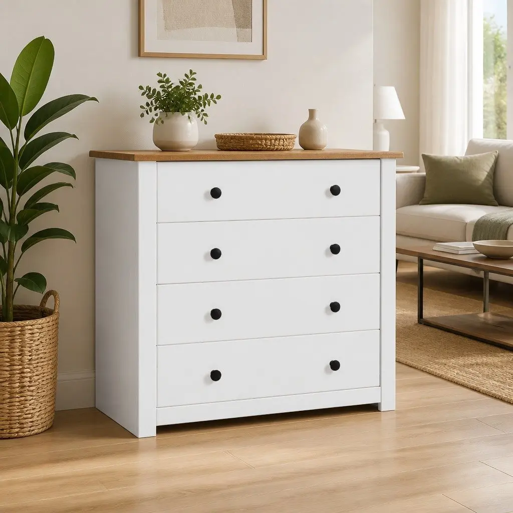 Side Cabinet White 80x40x73cm Pine Storage Sideboard Buffet 4 Drawers