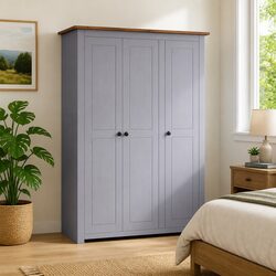 Grey 3-Door Wardrobe with Shelves and Hanger Bar